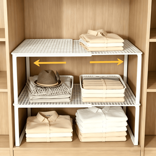 Expandable Cabinet Shelf Riser in White Metal, Adjusts 15 to 24.4 Inches - Image 2