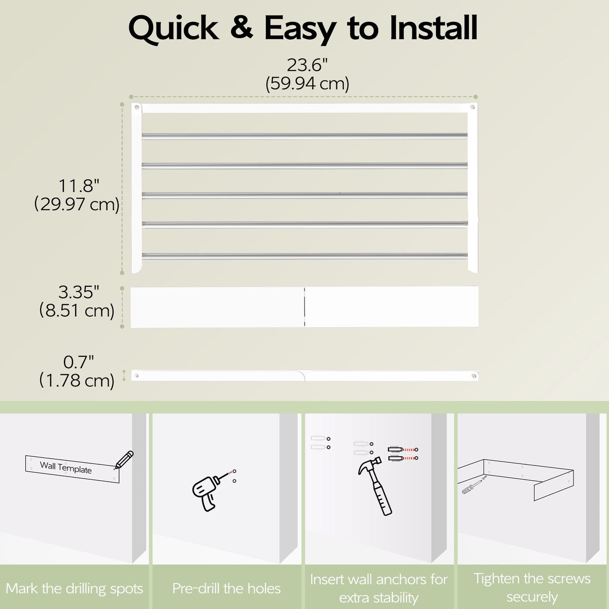 Wall-Mounted Folding Drying Rack, 23.6 Inches with Five Rods in White - Image 4