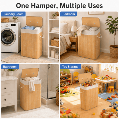 Bamboo Laundry Hamper with Lid and Removable Liner, 80 Liter, Natural - Image 5