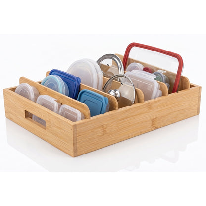 Bamboo Lid Caddy with Five Adjustable Dividers for Cabinets and Drawers