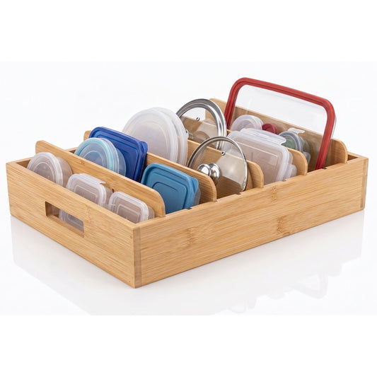 Bamboo Lid Caddy with Five Adjustable Dividers for Cabinets and Drawers