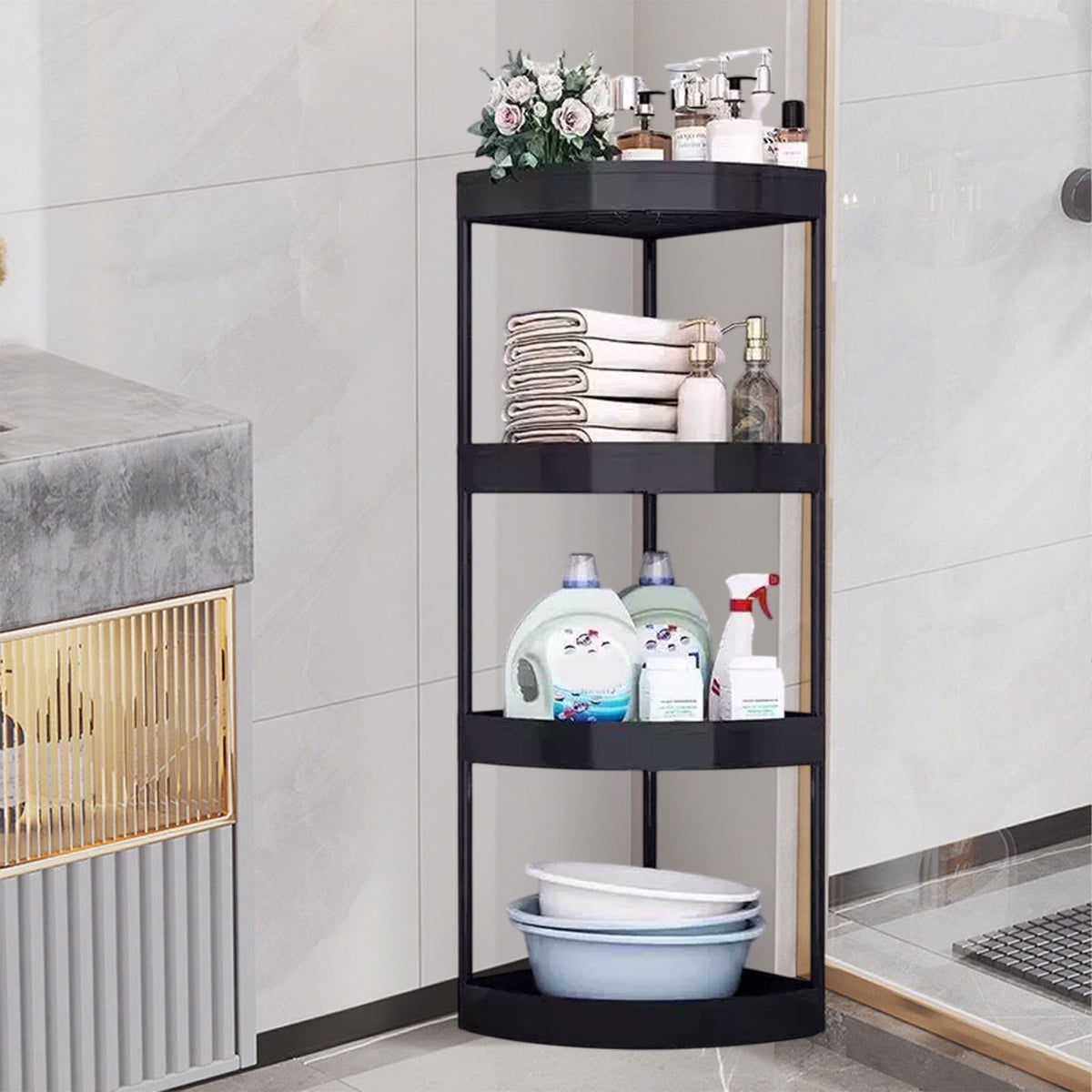 Four-Tier Corner Shelf Unit for Small Bathrooms, 32 Inches Tall with Casters - Image 5