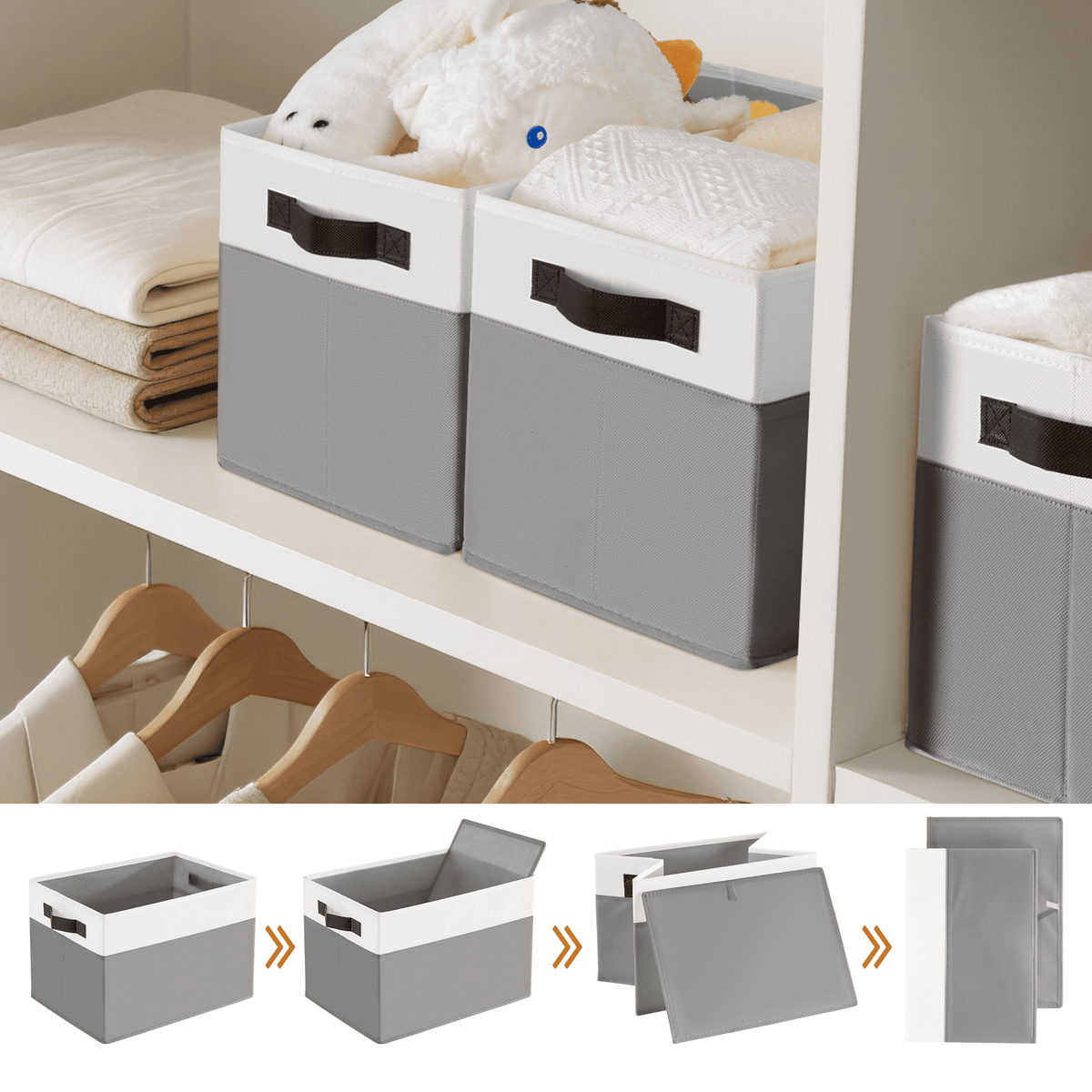 Collapsible Fabric Storage Cubes with Lids and Handles, Set of 4 in Grey - Image 5