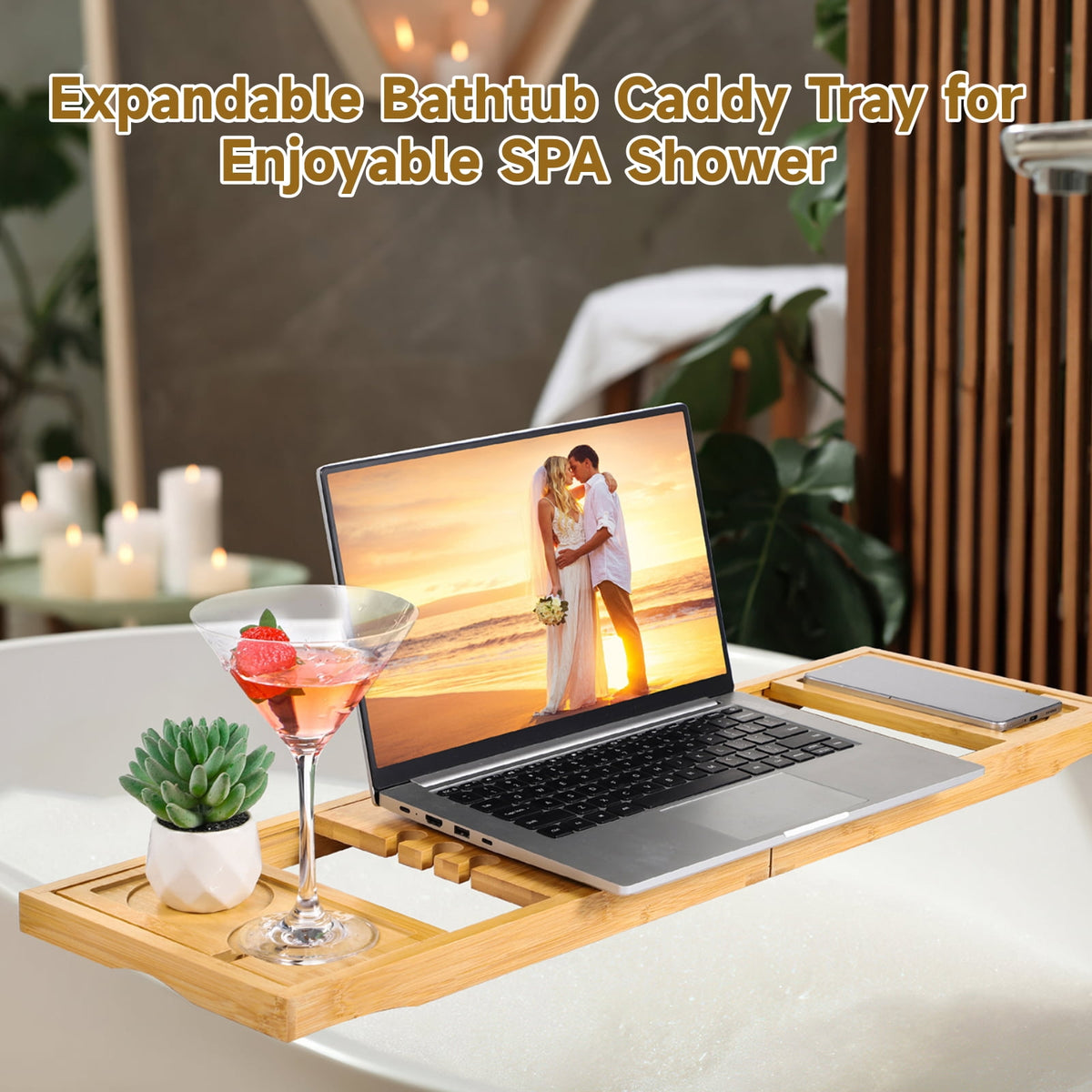 Expandable Bamboo Bath Caddy Tray, Adjusts from 29.3 to 37.4 Inches - Image 3