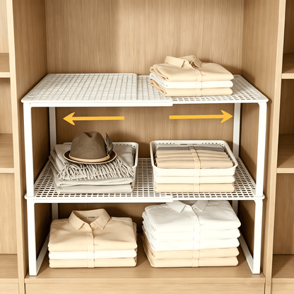 Expandable Cabinet Shelf Riser in White Metal, Adjusts 15 to 24.4 Inches - Image 2