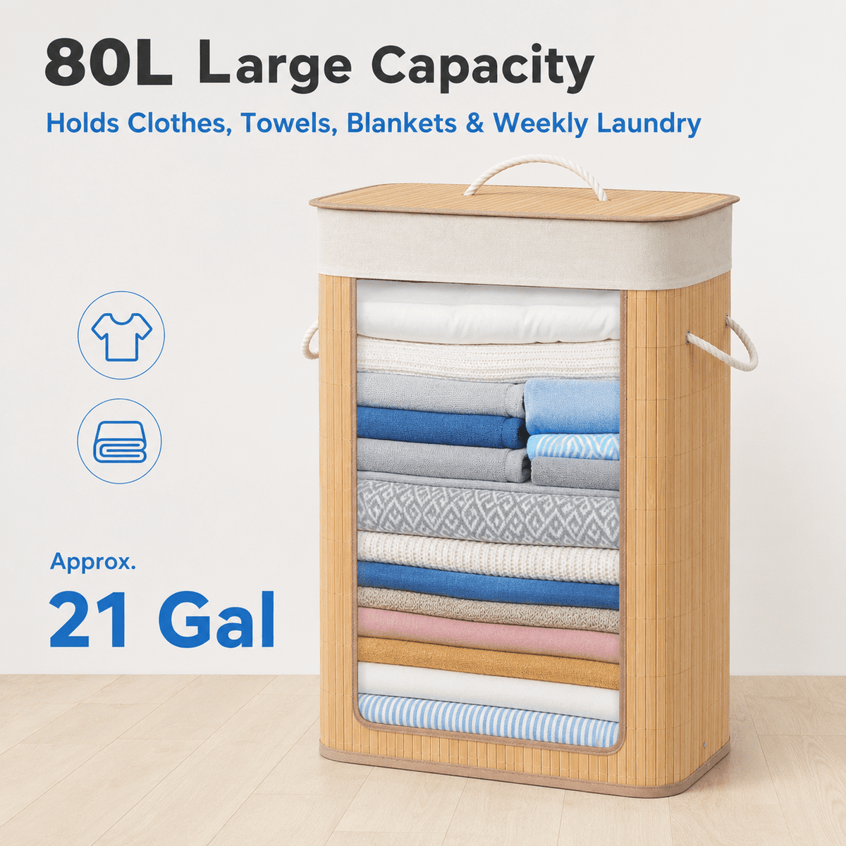 Bamboo Laundry Hamper with Lid and Removable Liner, 80 Liter, Natural - Image 2