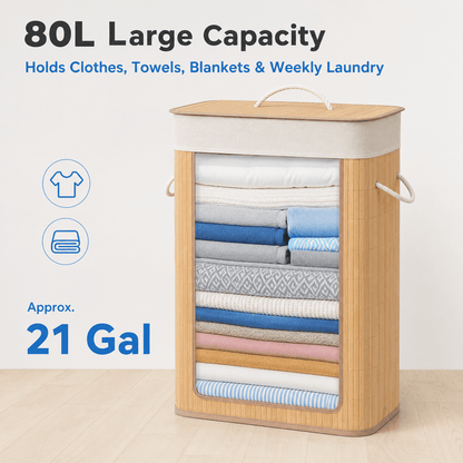 Bamboo Laundry Hamper with Lid and Removable Liner, 80 Liter, Natural - Image 2