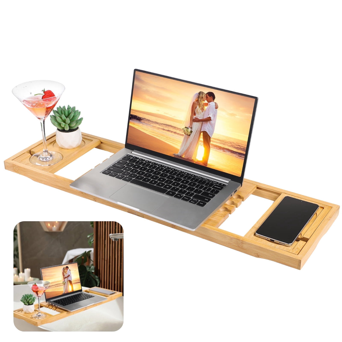 Expandable Bamboo Bath Caddy Tray, Adjusts from 29.3 to 37.4 Inches - Image 2