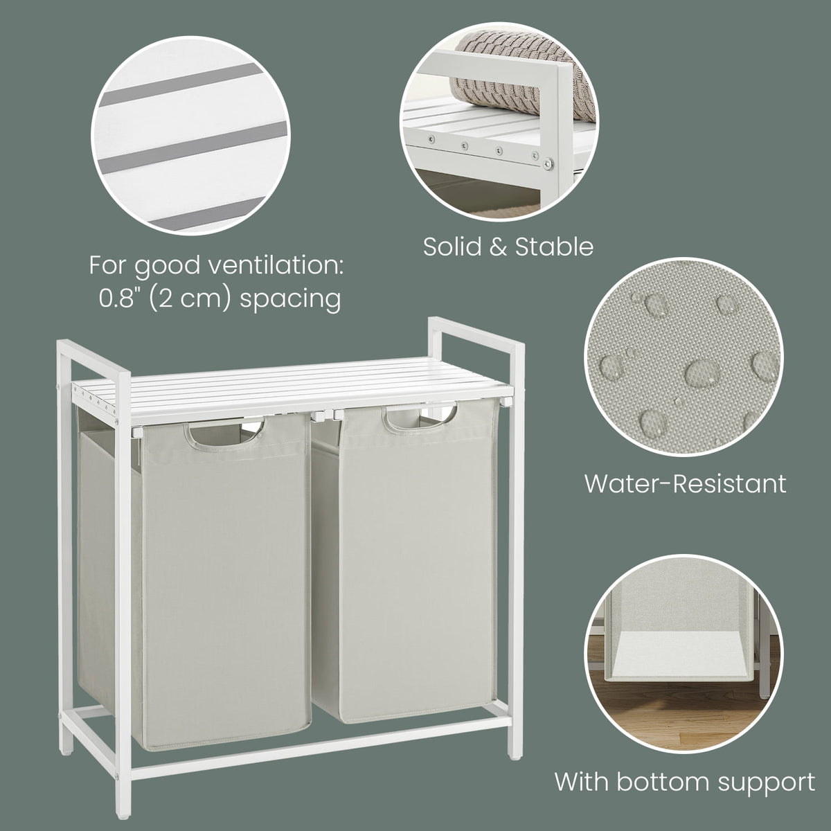 Two-Compartment Laundry Sorter with Shelf, 24.2 Gallon Capacity in White - Image 3