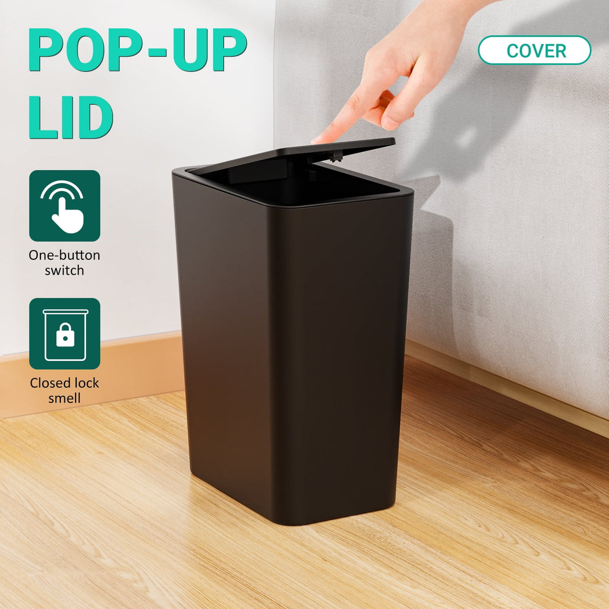 Slim Bathroom Bins with Pop-Up Lids, 3 Pack of 2.6 Gallon Wastebaskets - Image 5
