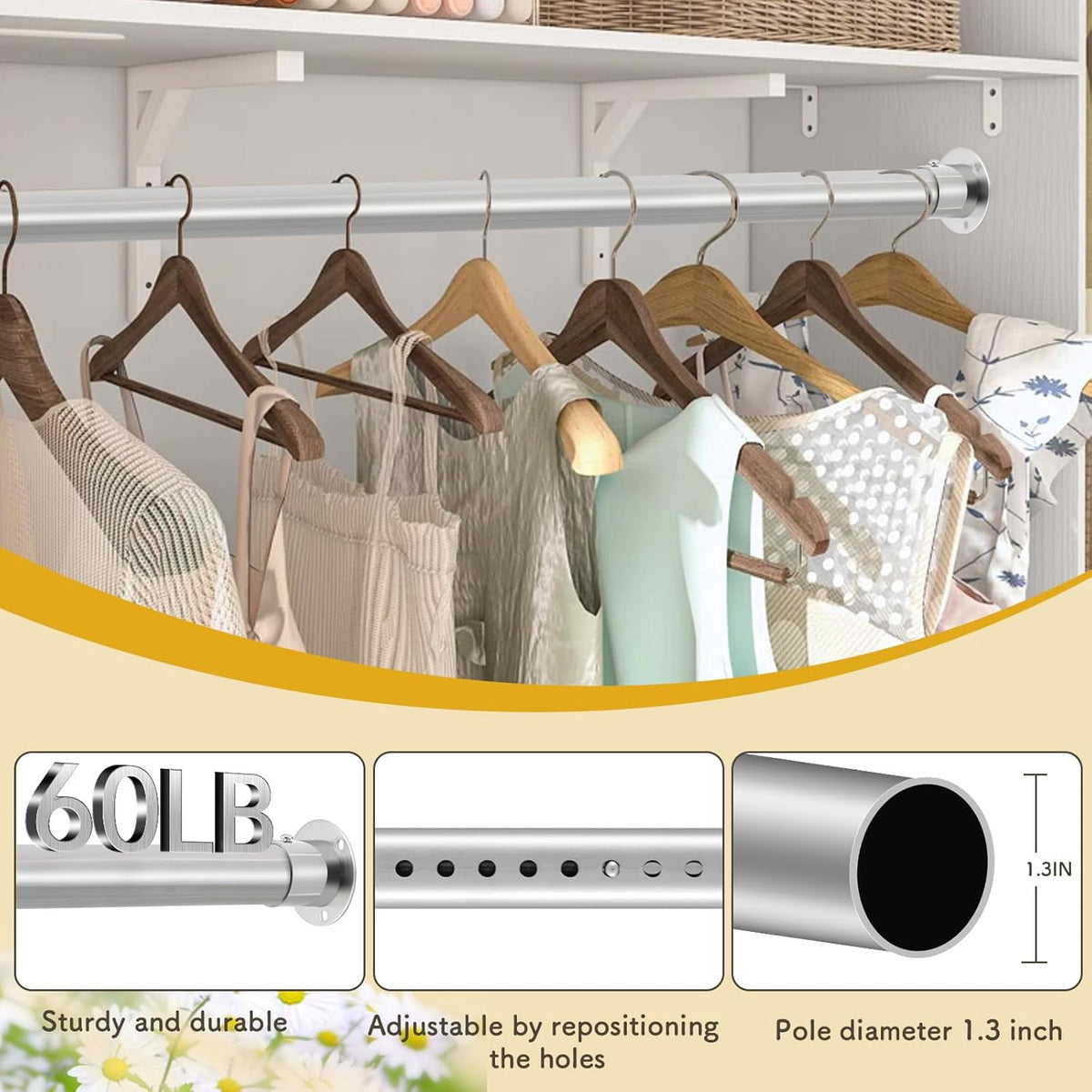 Adjustable Stainless Steel Closet Rod, 17 to 110 Inches, 1.3-Inch Diameter - Image 3
