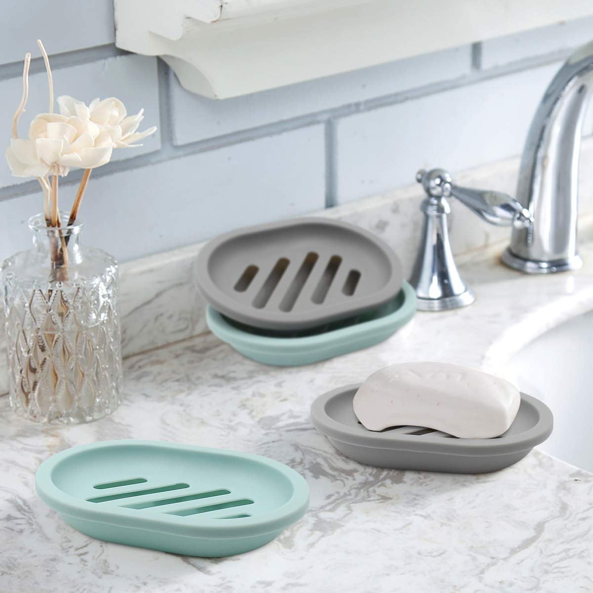 Draining Soap Dishes with Slotted Base, Set of 2 in Grey - Image 2