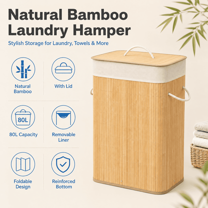 Bamboo Laundry Hamper with Lid and Removable Liner, 80 Liter, Natural - Image 4