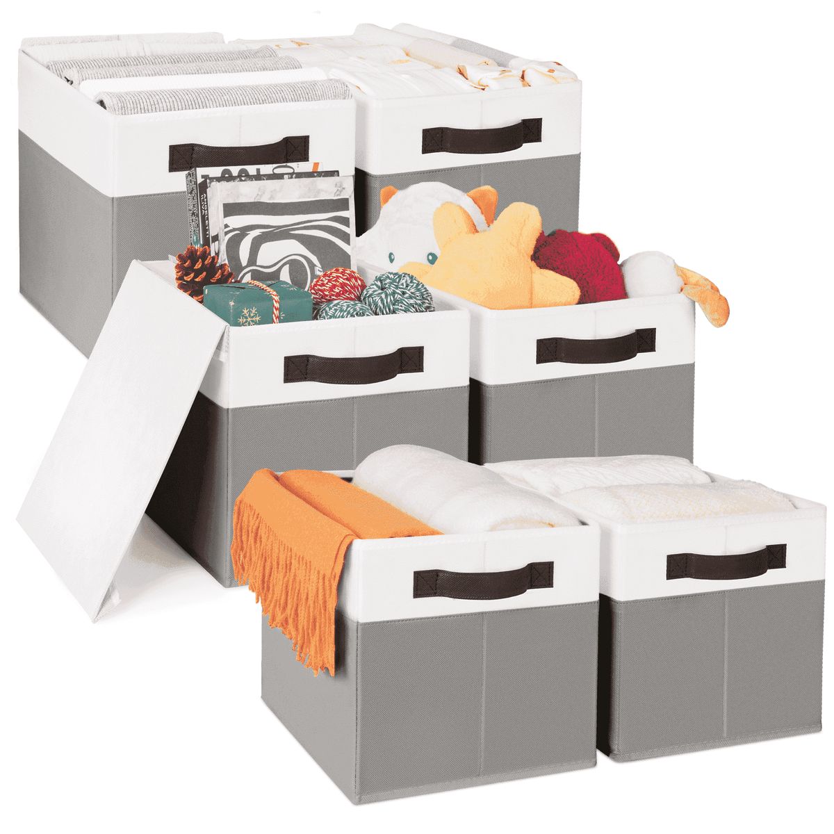Collapsible Fabric Storage Cubes with Lids and Handles, Set of 4 in Grey