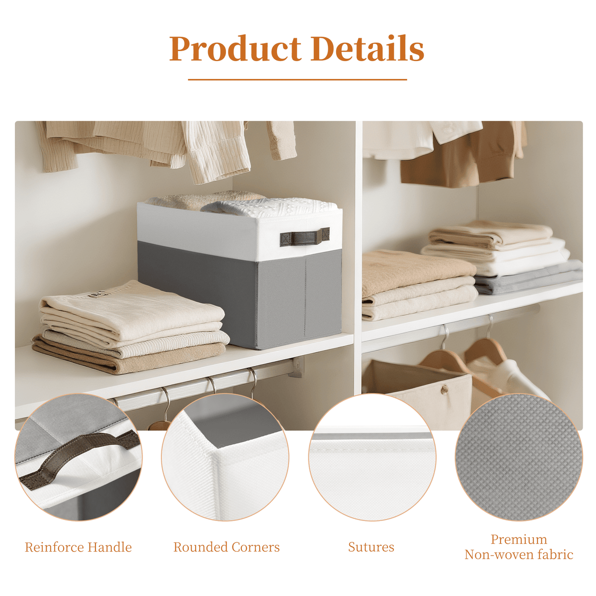 Collapsible Fabric Storage Cubes with Lids and Handles, Set of 4 in Grey - Image 6