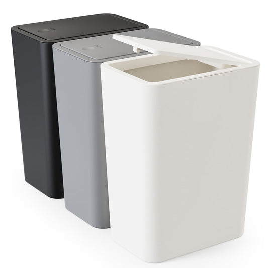 Slim Bathroom Bins with Pop-Up Lids, 3 Pack of 2.6 Gallon Wastebaskets