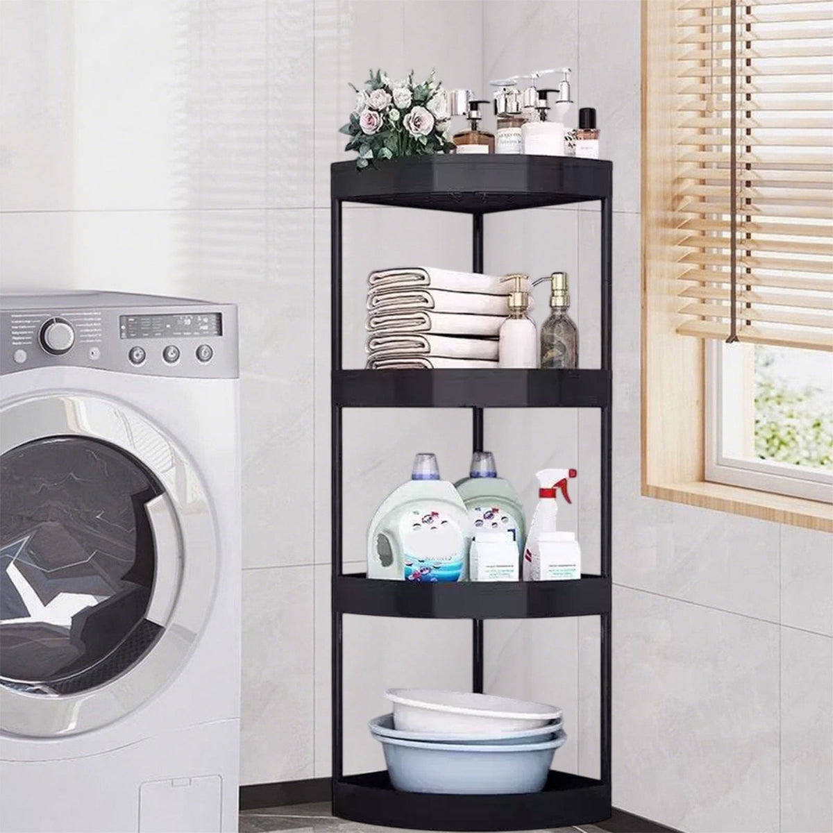Four-Tier Corner Shelf Unit for Small Bathrooms, 32 Inches Tall with Casters - Image 6