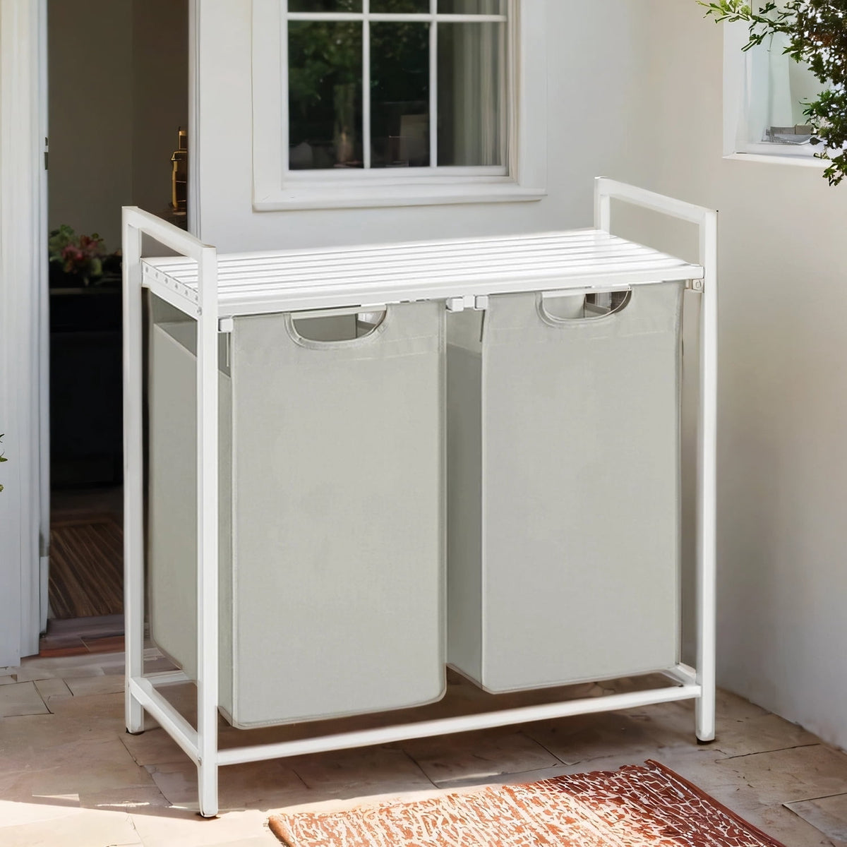 Two-Compartment Laundry Sorter with Shelf, 24.2 Gallon Capacity in White - Image 2