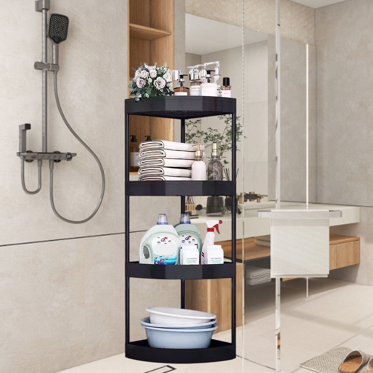 Four-Tier Corner Shelf Unit for Small Bathrooms, 32 Inches Tall with Casters - Image 4