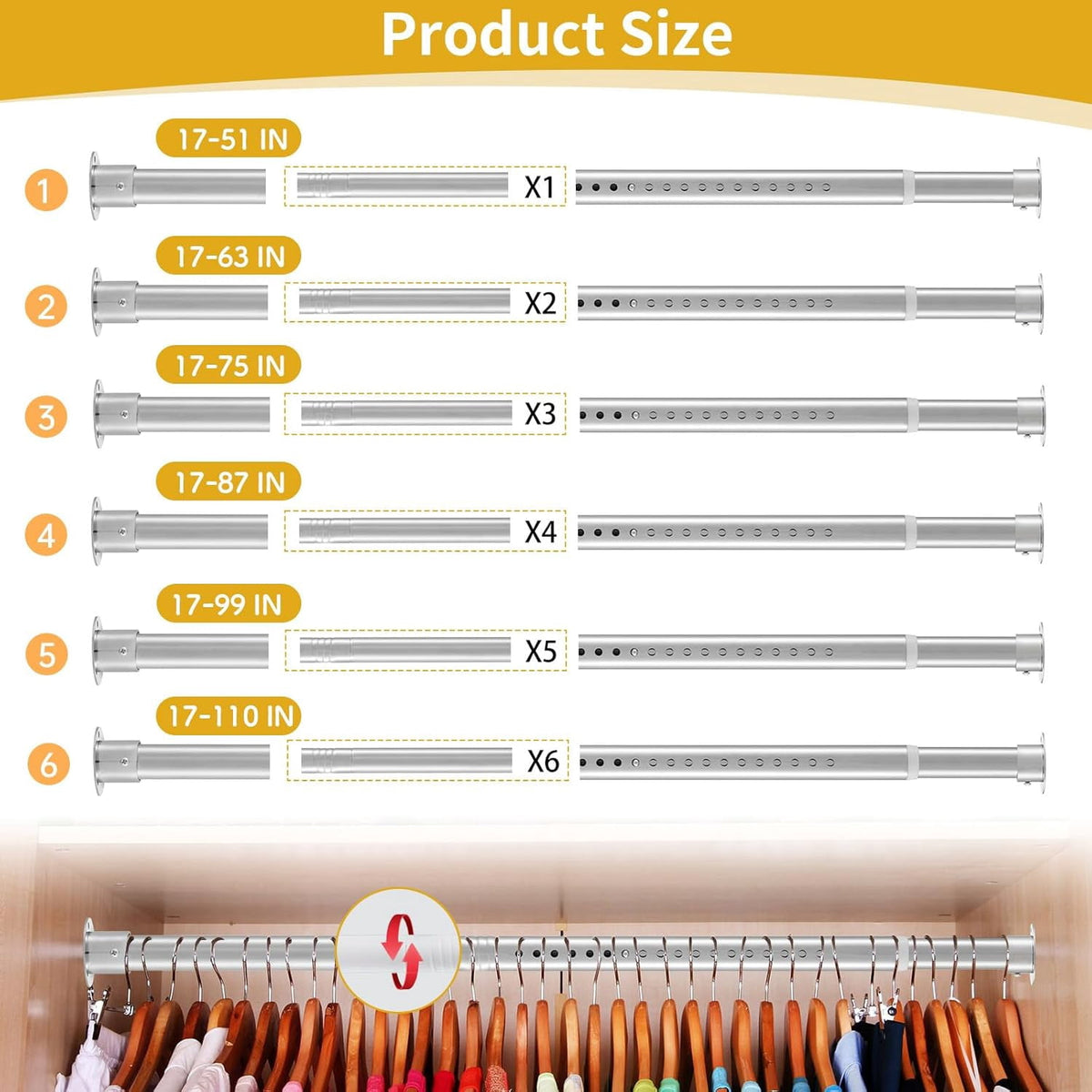 Adjustable Stainless Steel Closet Rod, 17 to 110 Inches, 1.3-Inch Diameter - Image 4