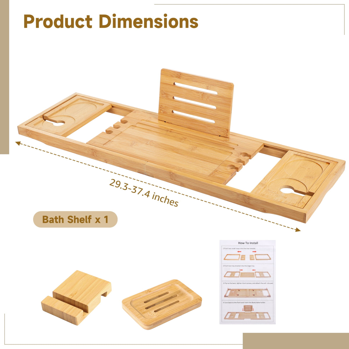 Expandable Bamboo Bath Caddy Tray, Adjusts from 29.3 to 37.4 Inches - Image 6