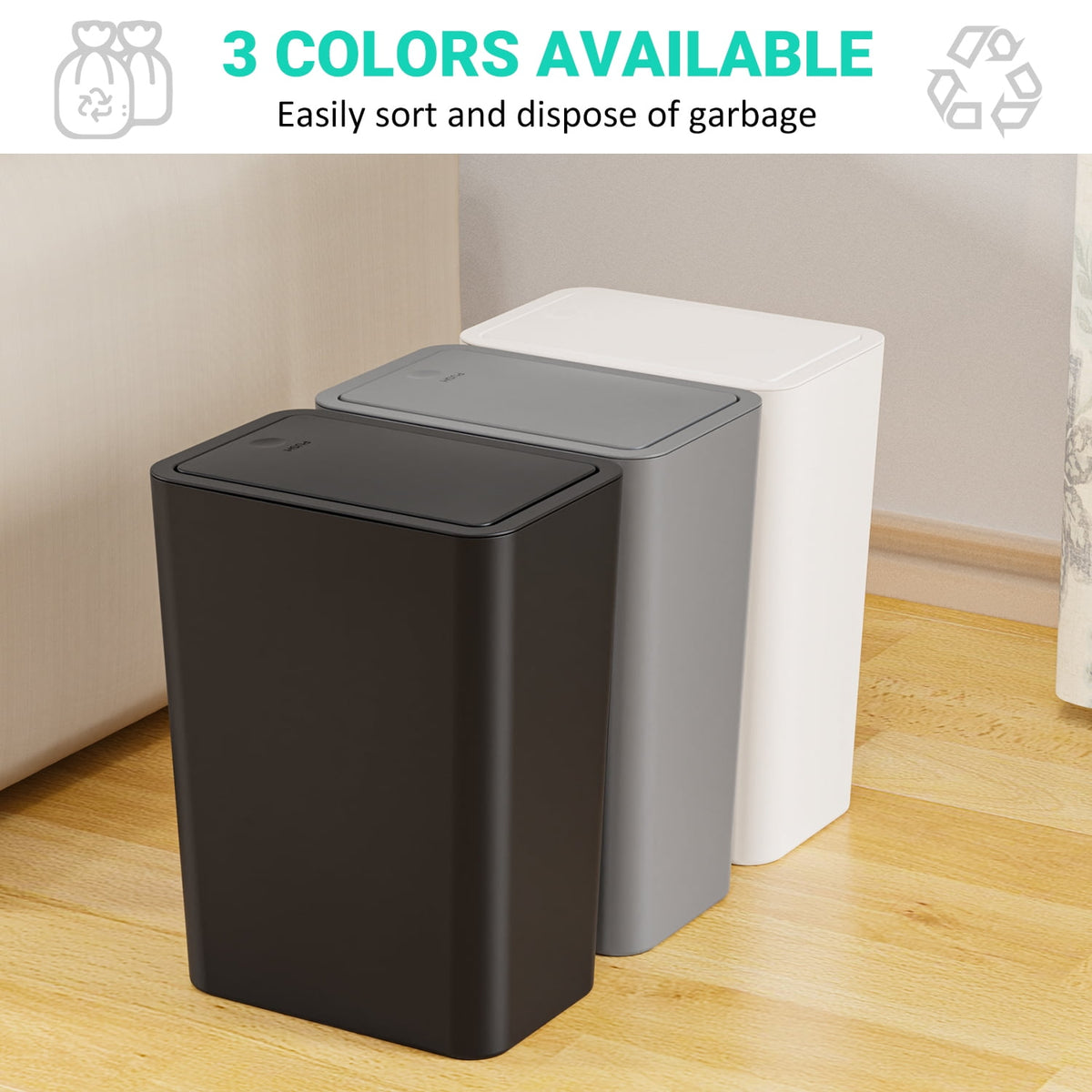 Slim Bathroom Bins with Pop-Up Lids, 3 Pack of 2.6 Gallon Wastebaskets - Image 2