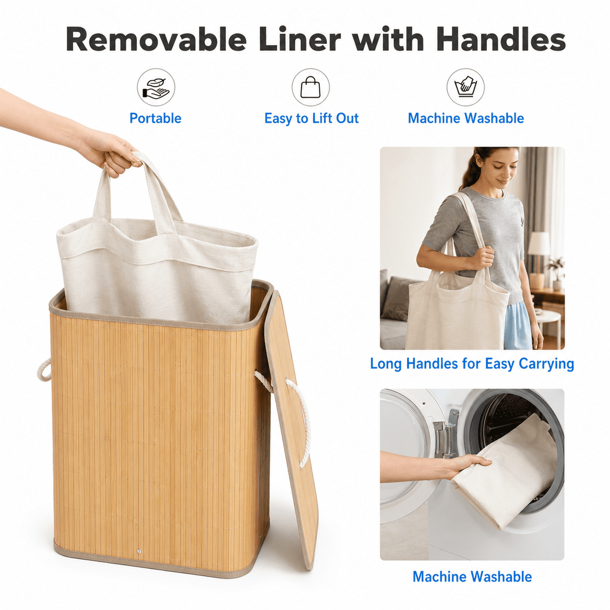 Bamboo Laundry Hamper with Lid and Removable Liner, 80 Liter, Natural - Image 6