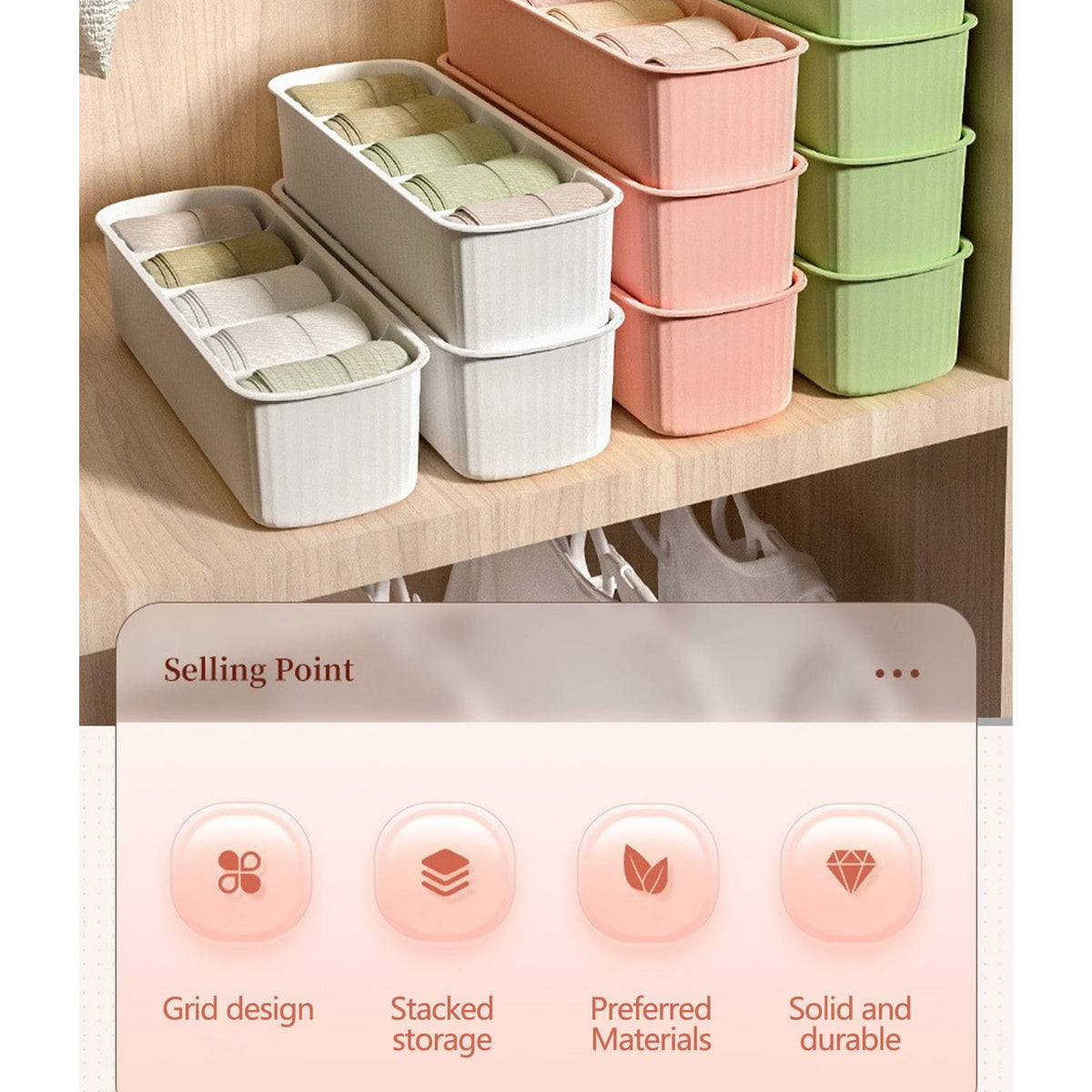 Five-Compartment Drawer Organizer for Socks, Underwear and Ties, Stackable - Image 6